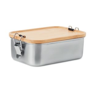 Kutija za ručak od nehrđajućeg čelika s bočnim zatvaračima i poklopcem bambusa. Kapacitet: 750 ml. | Loonapark promotivni proizvodi