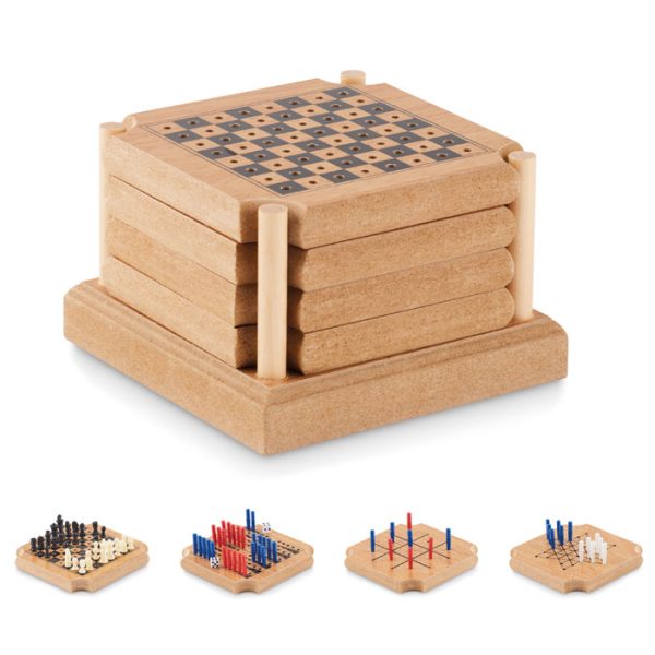 Set od 4 podmetača od pluta i MDF-a uključujući set od 4 igre: Tic-Tac-Toe, Backgammon, šah i kineske dame